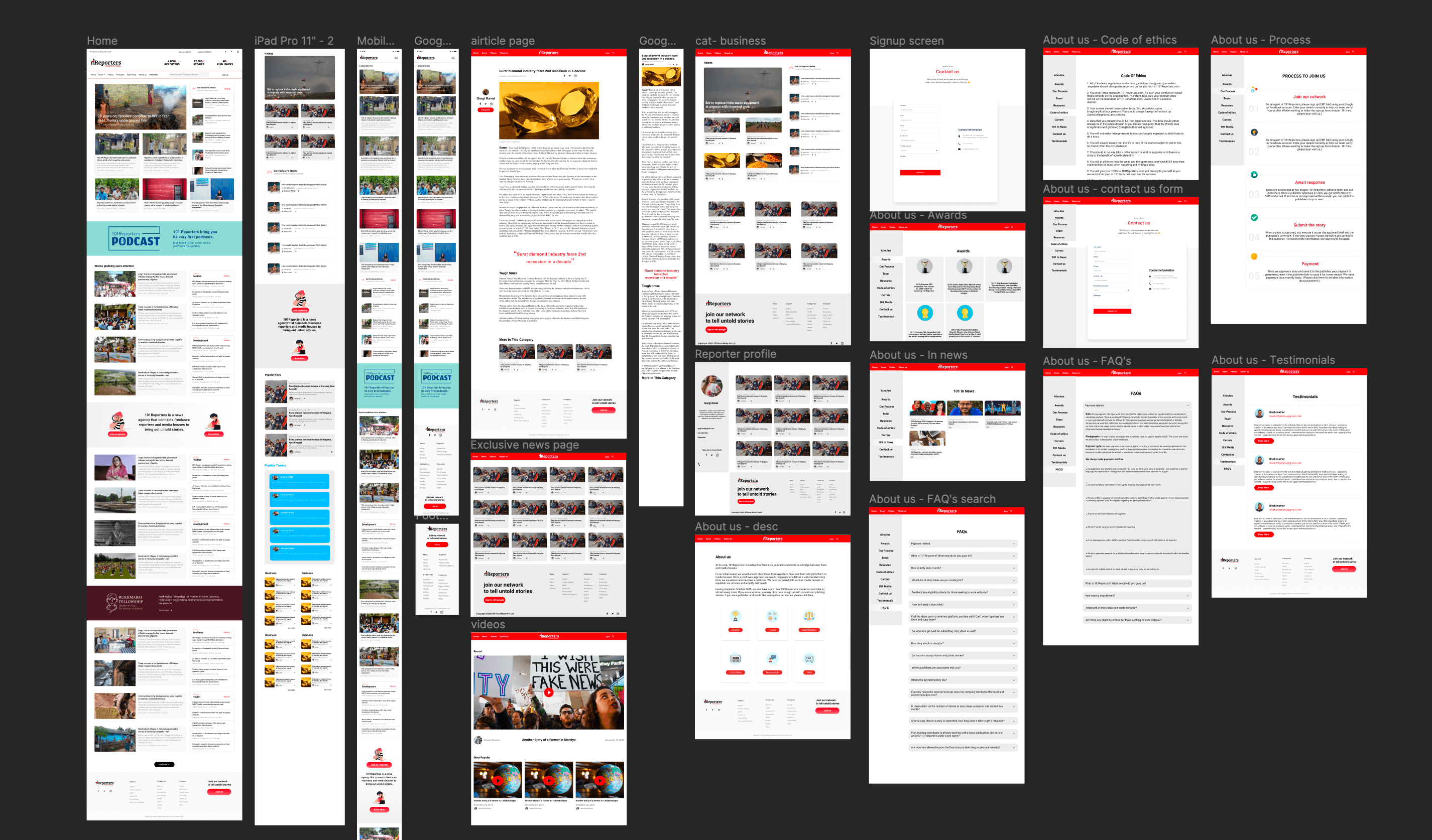All UI designs — 101 Reporters platform