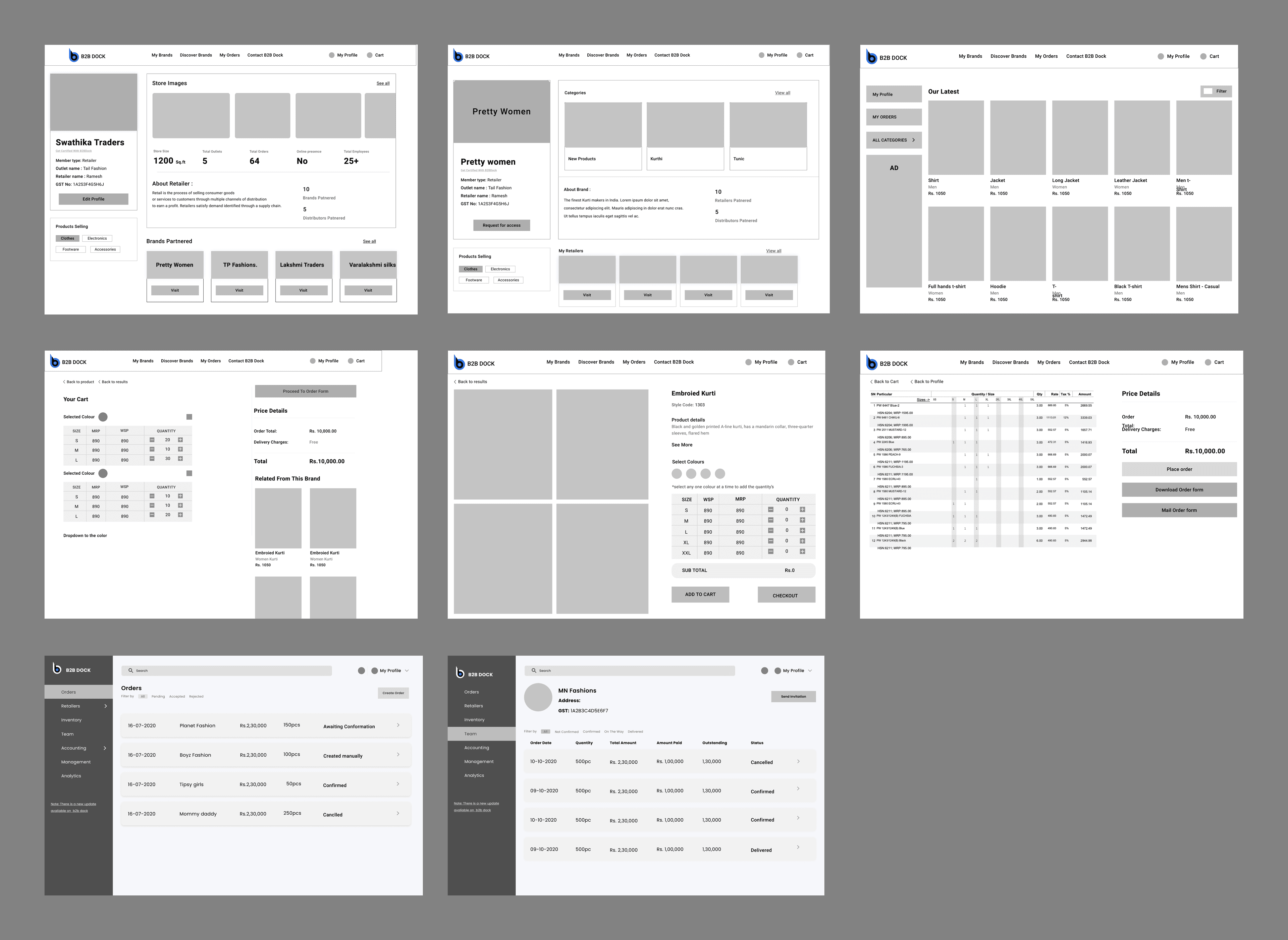 High-fidelity wireframes — B2B Dock