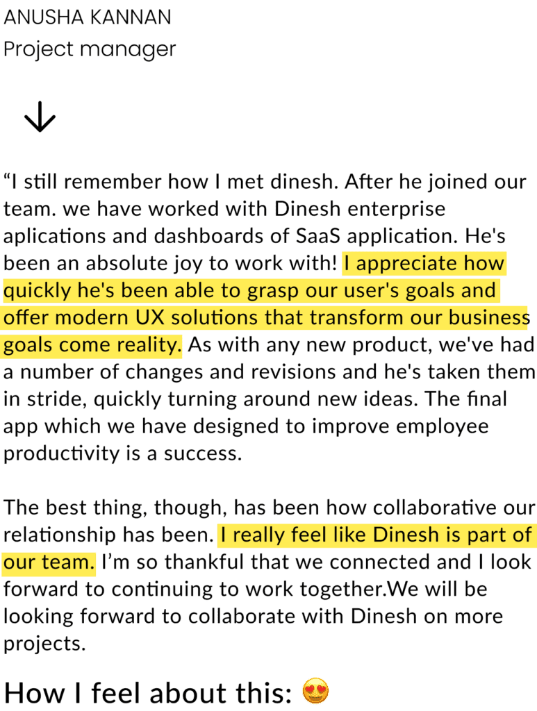Endorsement from Anusha Kannan, Project Manager