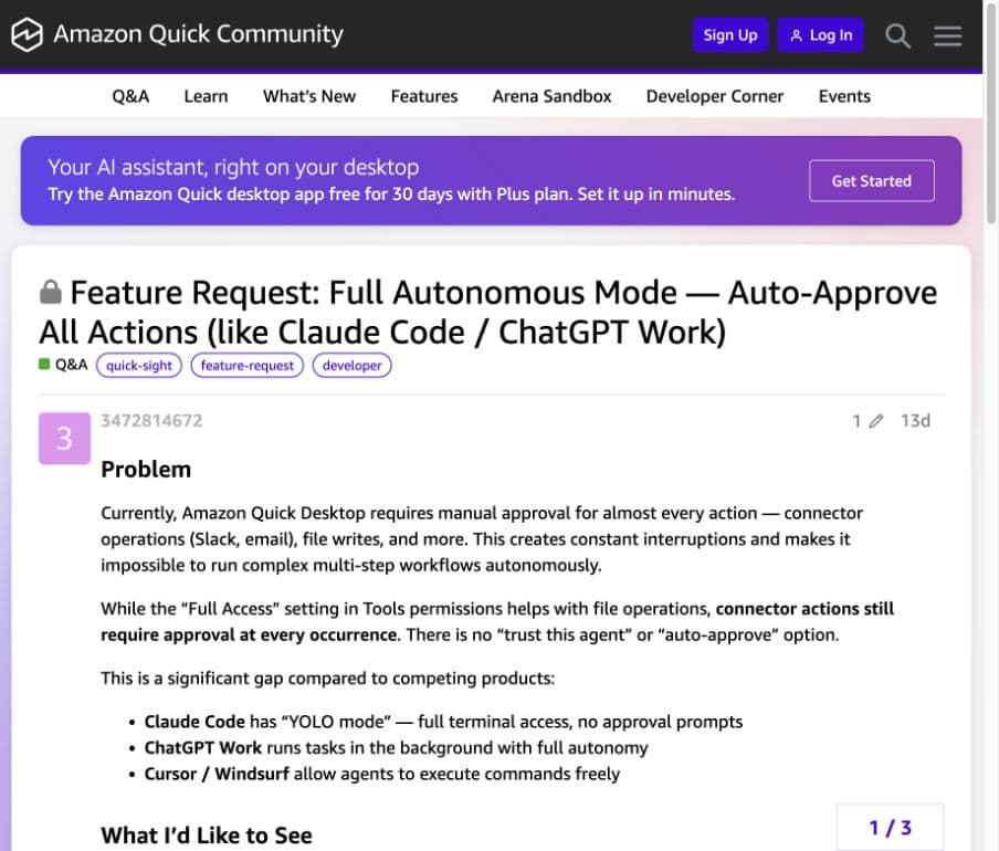 An August 28 feature request reports frequent manual approvals and asks for more autonomous multi-step workflows. This screenshot shows the opening of the post; follow the source link for the full request.