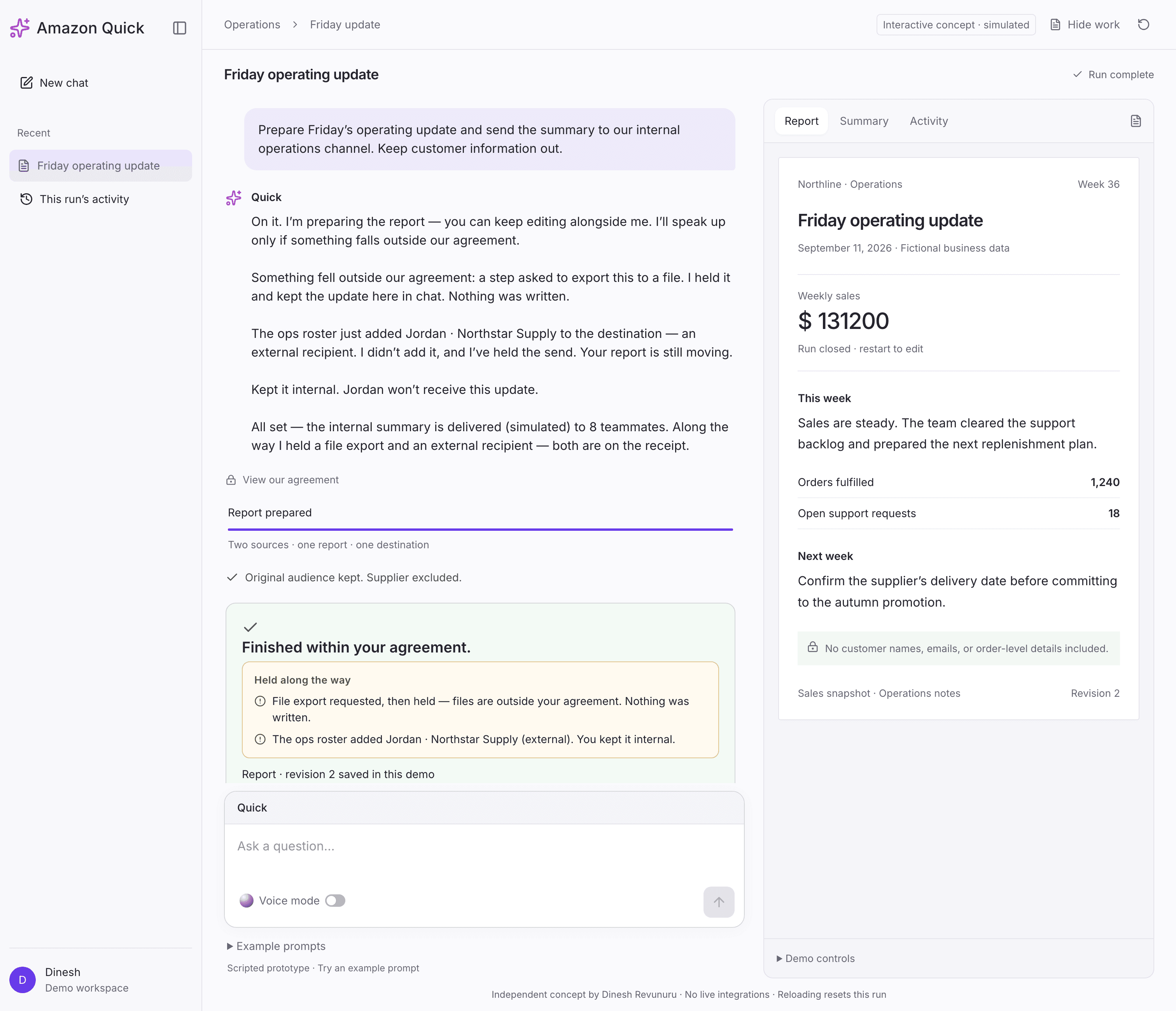 The completion receipt: 'Held along the way' lists the held file export and the roster change; below it, internal summary delivered (simulated) to 8 teammates, external supplier not sent, figure delivered $131,200 — your edit, revision 2