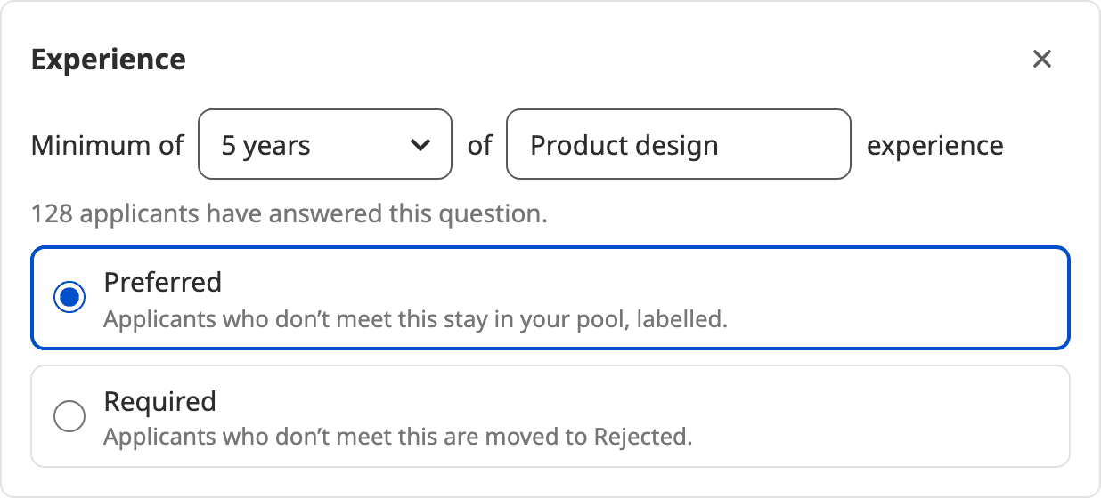 The Experience card after choosing Make this Preferred instead: 5 years is still set, Preferred is selected, and the callout is gone.
