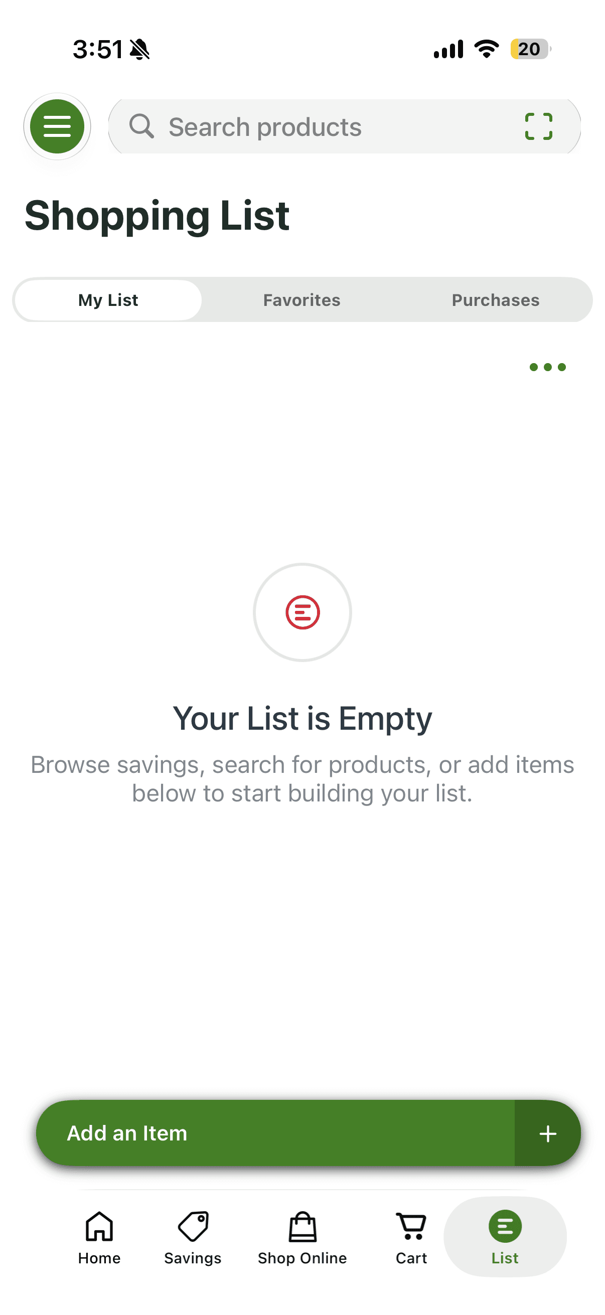 Public Publix iOS empty shopping list with Add an item action