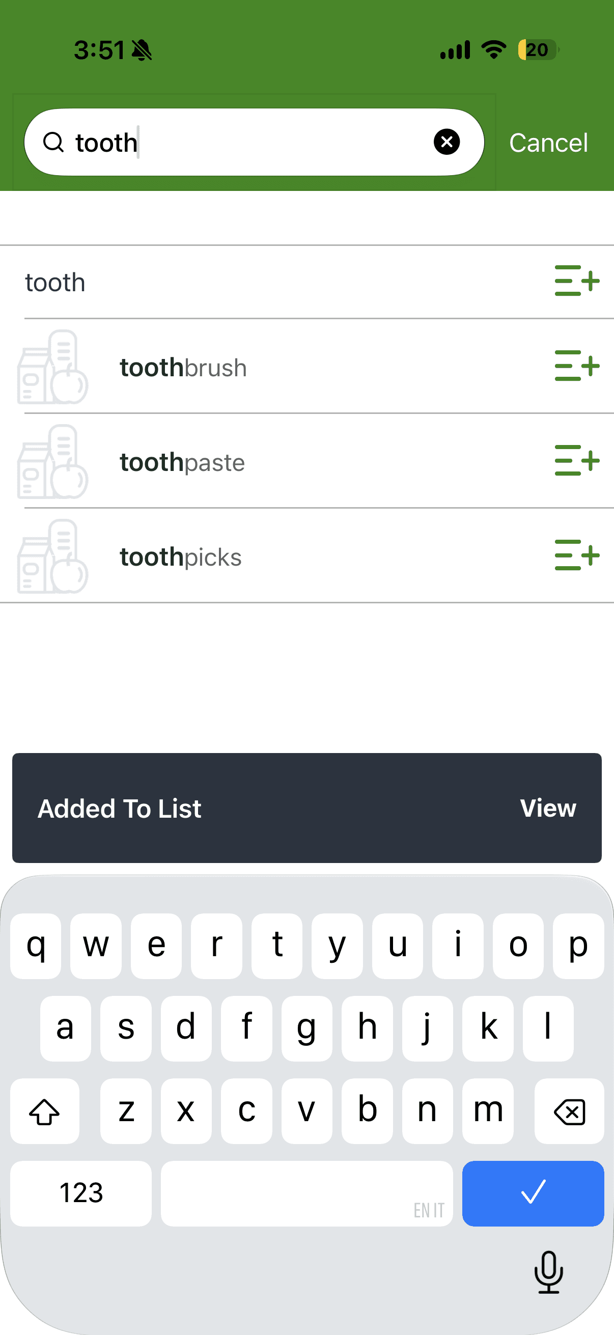 Public Publix iOS search results with add-to-list controls and Added To List confirmation