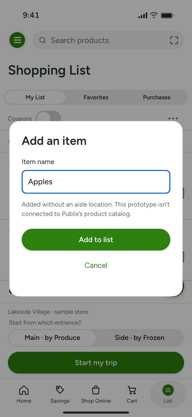 Prototype screen: List, Add an item. Custom items stay unassigned until a location is known.