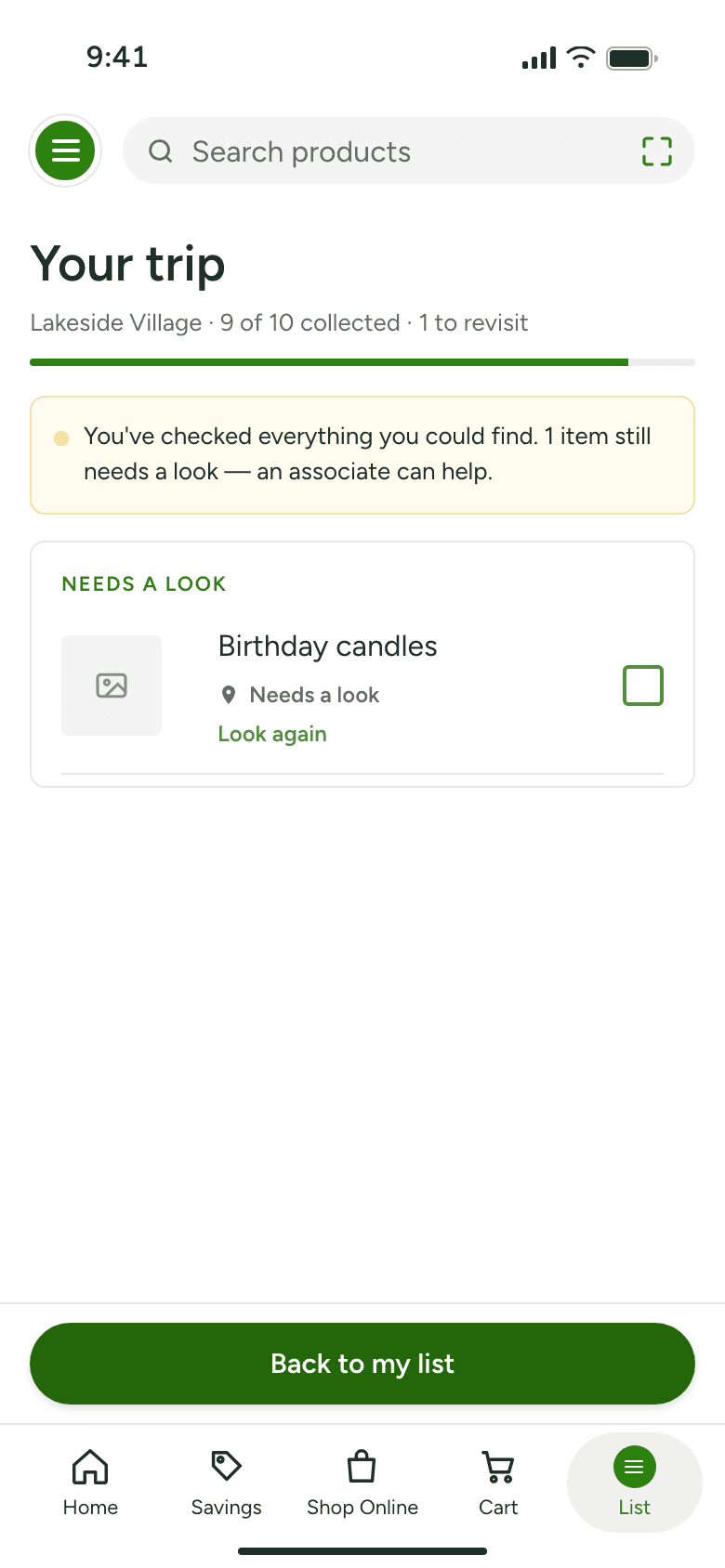 Prototype screen: Open trip, One item to revisit. Honest: not collected, not out of stock.