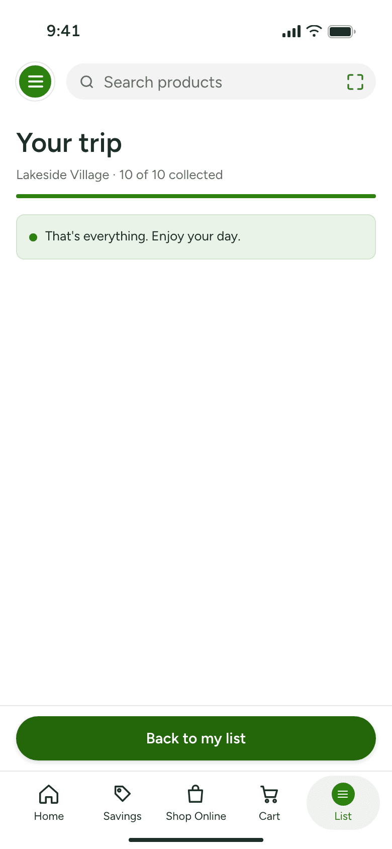 Prototype screen: Complete, 10 of 10. Only the last collected item closes the list.