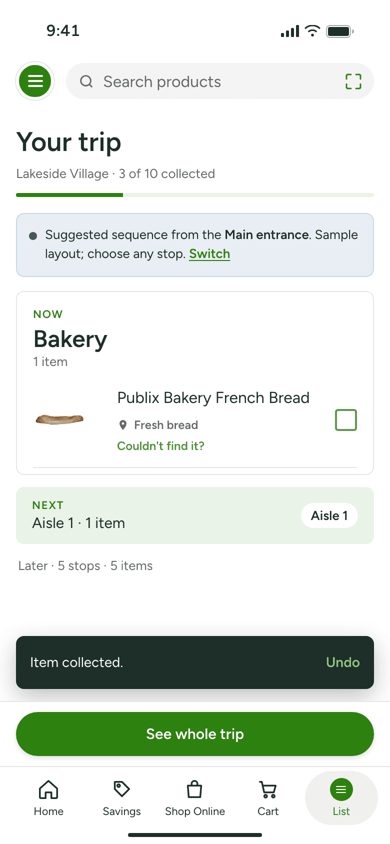 Prototype screen: Progress, 3 of 10 collected. Focus moves to Bakery; the bar fills.