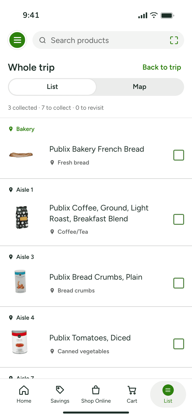Prototype screen: Whole trip, List view. Every stop and item, one sheet away.