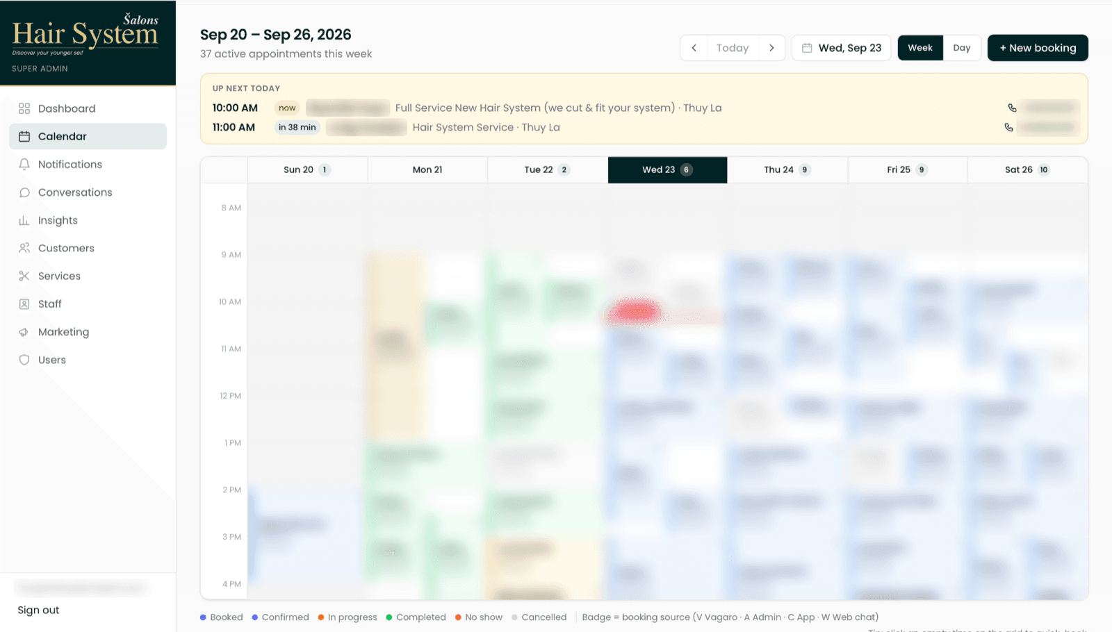 Admin calendar, one week of appointments colour-coded by status, with the bookings blurred