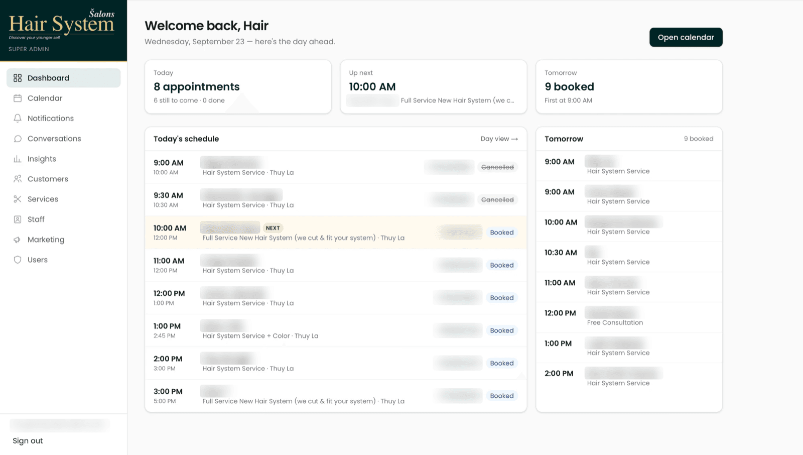 Admin dashboard: today's appointments, the next one up and tomorrow's bookings, customer details blurred