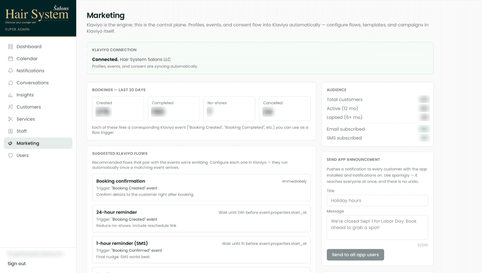 Marketing screen: the Klaviyo connection, booking events, suggested flows and an app announcement, totals blurred
