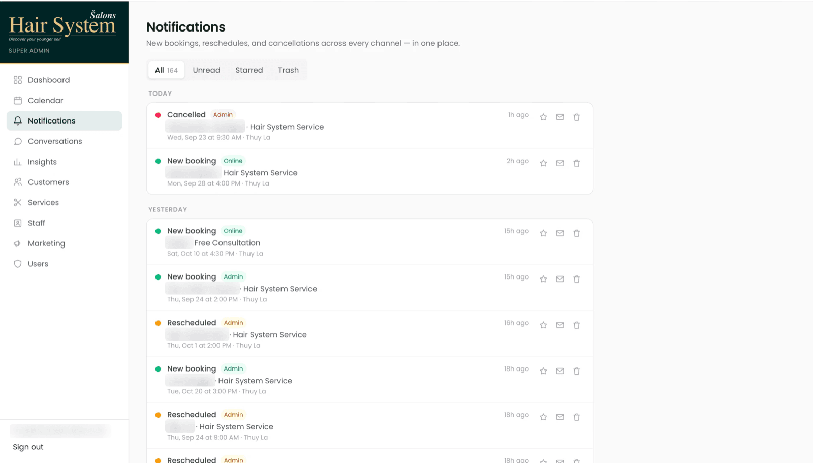 Notifications: new bookings, reschedules and cancellations from every channel in one list, names blurred