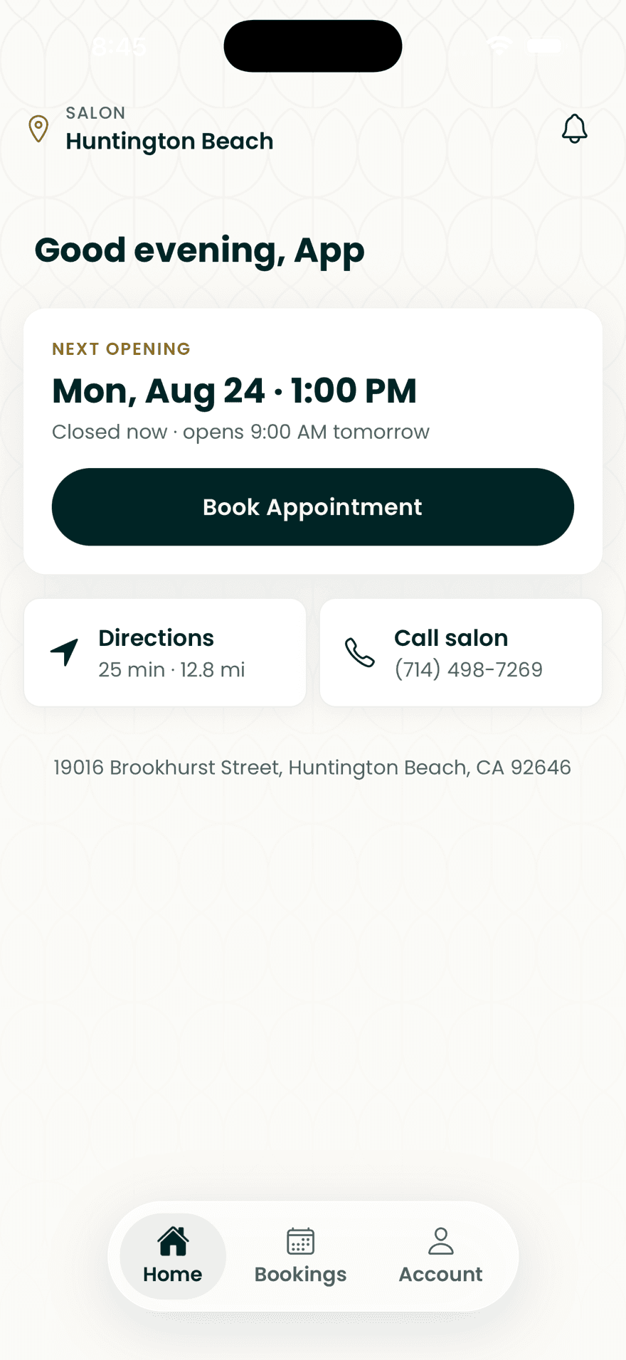Home screen: the next opening, a Book Appointment button, drive time and a call button