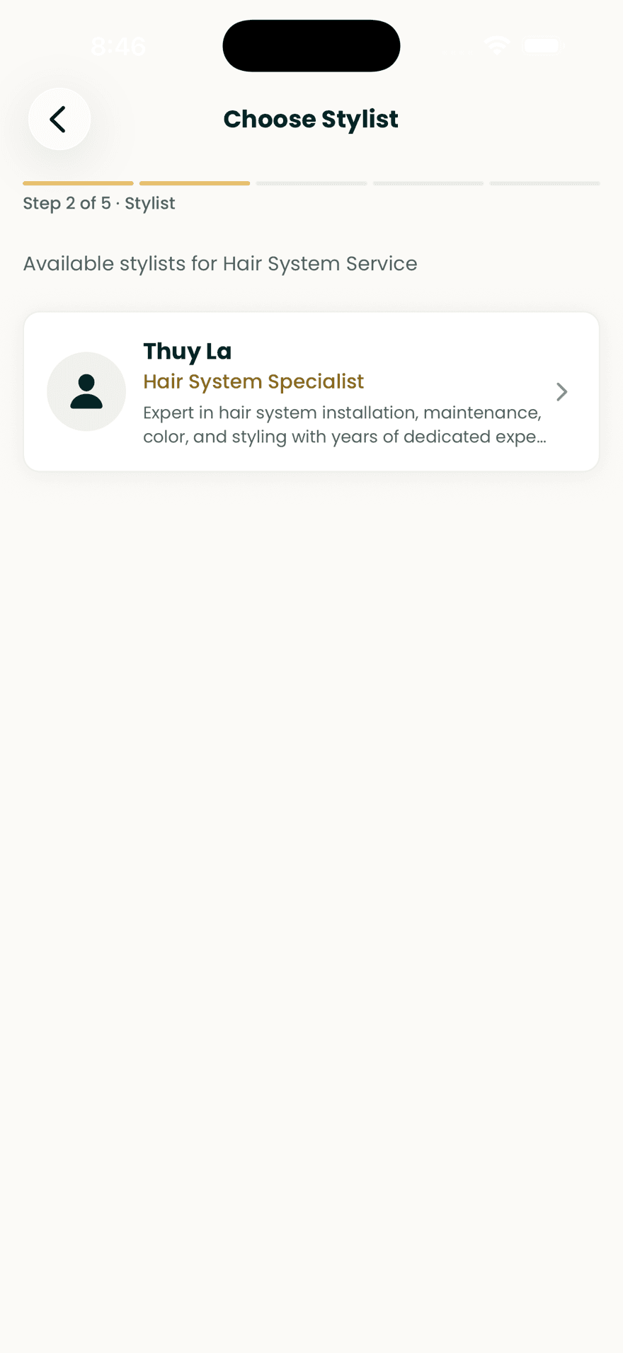 Step two of five: choosing a stylist for the selected service