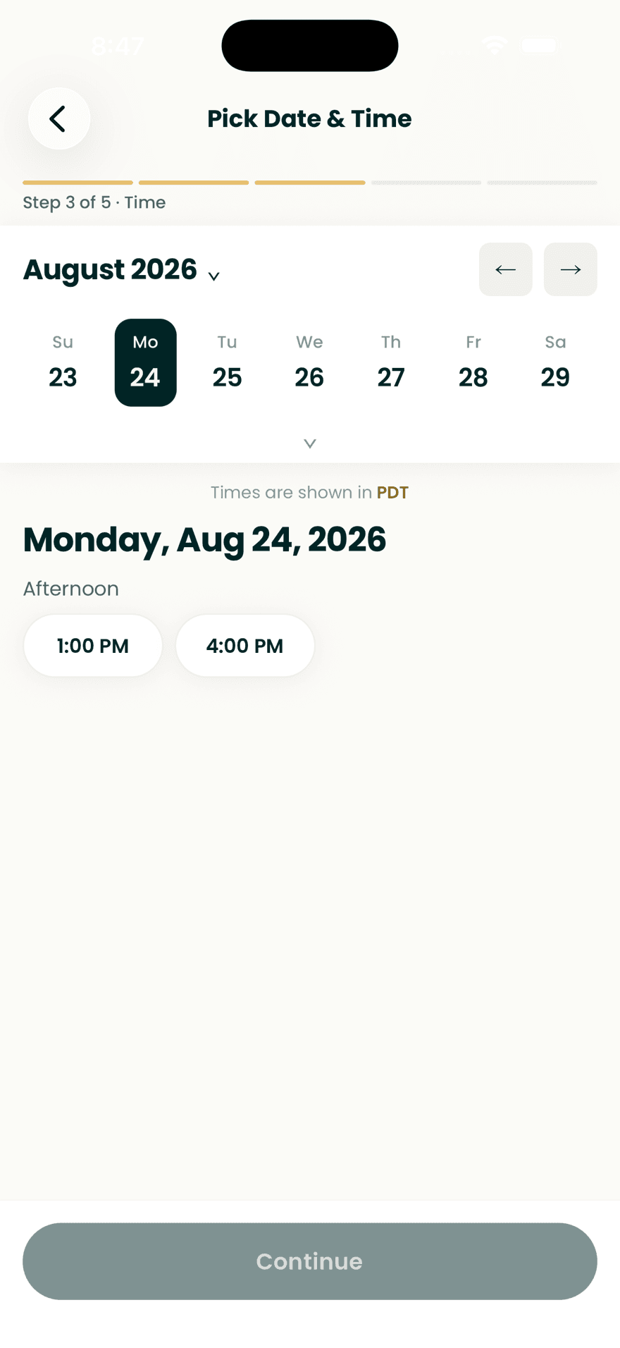 Step three of five: a week of dates and the open times for the chosen day