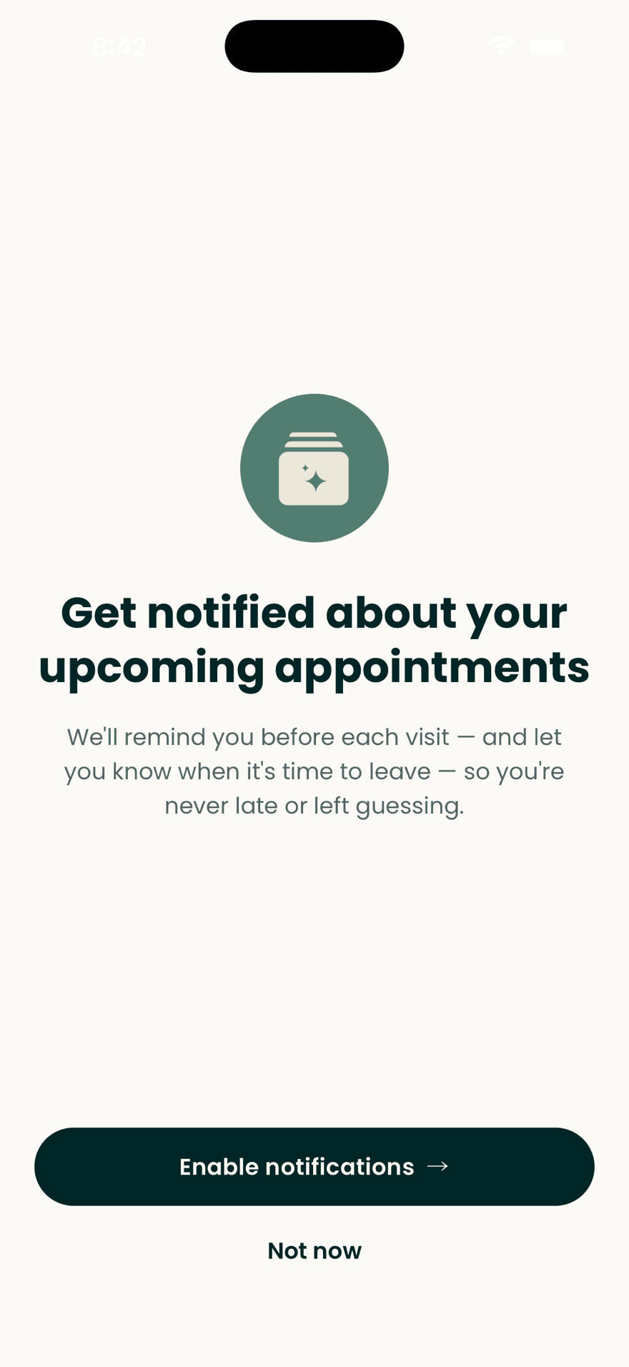 A prompt asking to turn on reminders before each visit, with a Not now option
