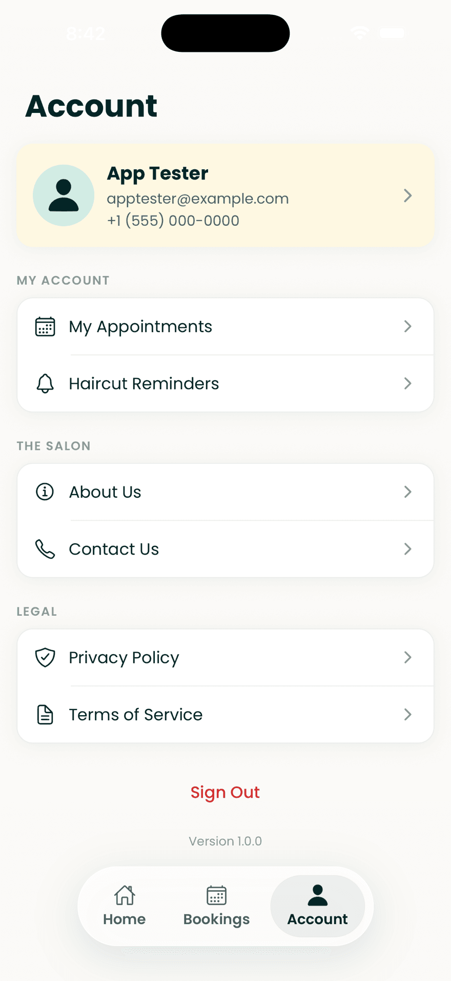 Account screen with appointments, haircut reminders, salon details and legal links