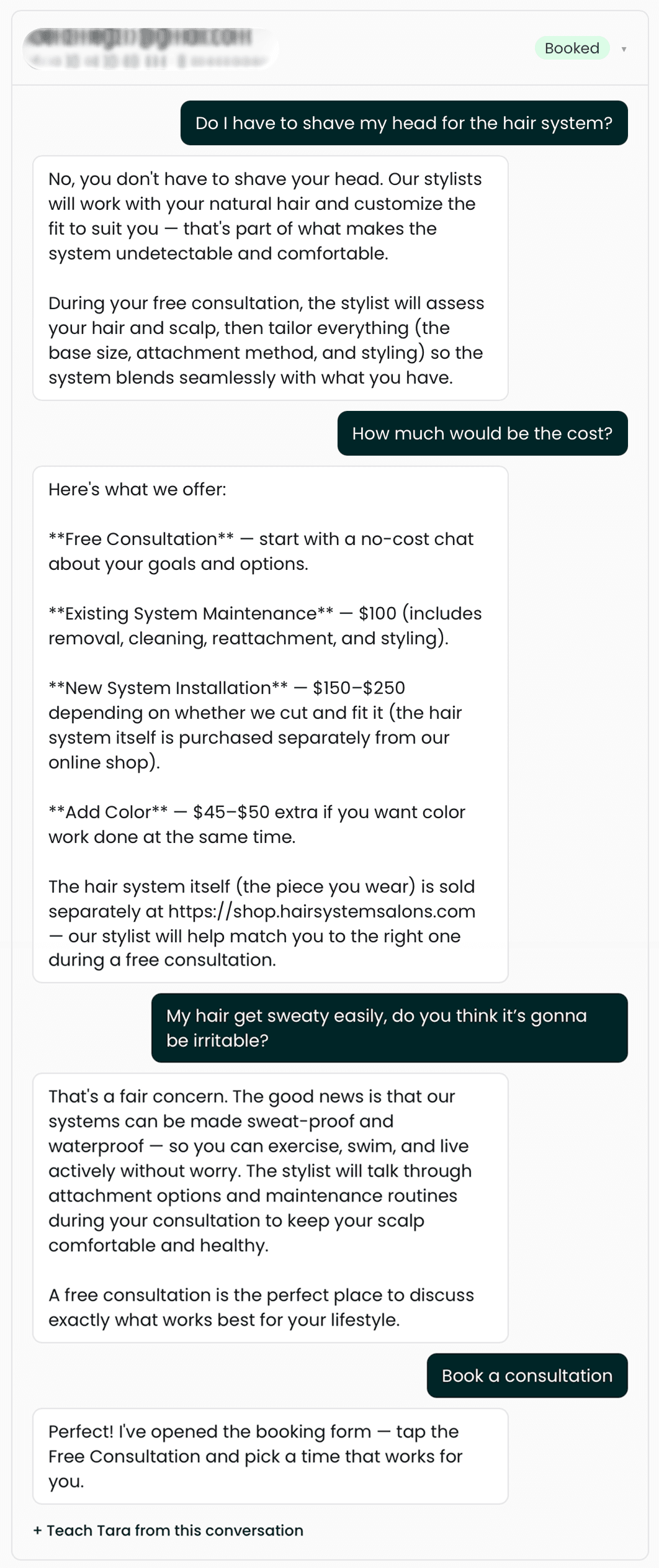 A real customer conversation in the admin transcript, marked Booked. The customer asks whether they have to shave their head, what it costs, and whether a system will irritate a scalp that sweats. Each answer ends by pointing at the free consultation, and the last message opens the booking form.