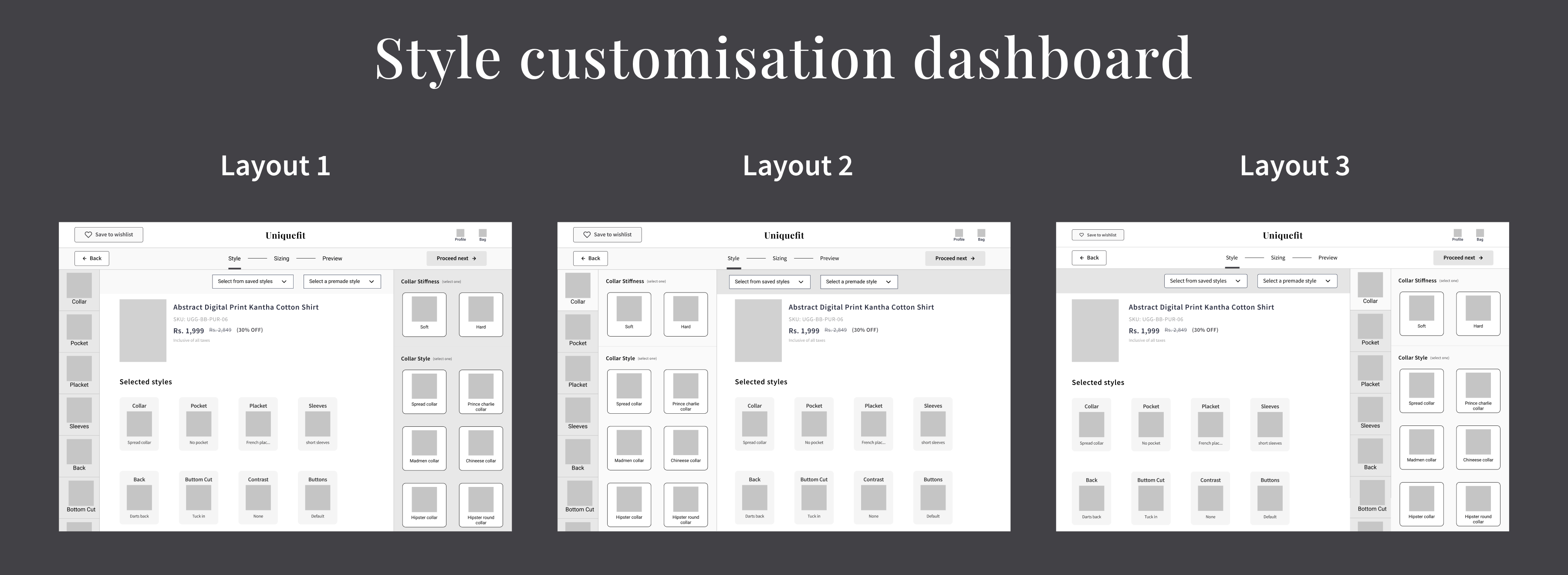 Three customization tool layout variants side by side
